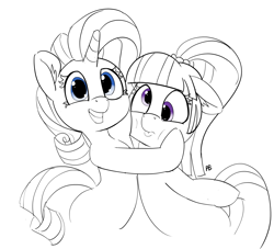 Size: 7595x6906 | Tagged: safe, artist:pabbley, character:rarity, character:sour sweet, species:earth pony, species:pony, species:unicorn, absurd resolution, black and white, cheek squish, cute, ear fluff, equestria girls ponified, female, grayscale, grin, lineart, mare, monochrome, pabbley is trying to murder us, partial color, ponified, raribetes, simple background, smiling, sourbetes, squishy cheeks, white background