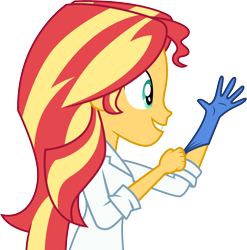 Size: 3001x3035 | Tagged: safe, artist:cloudyglow, character:sunset shimmer, episode:the science of magic, equestria girls:friendship games, g4, my little pony: equestria girls, my little pony:equestria girls, .ai available, bend over, clothing, female, gloves, lab coat, rubber gloves, simple background, smiling, solo, sunset the science gal, transparent background, vector