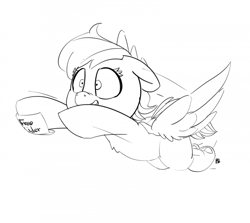 Size: 1280x1141 | Tagged: safe, artist:pabbley, character:rainbow dash, species:pony, 30 minute art challenge, female, flying, monochrome, shrunken pupils, solo, that pony sure does love cider