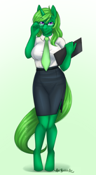 Size: 2142x3910 | Tagged: safe, artist:askbubblelee, oc, oc only, oc:lime dream, species:anthro, species:pony, species:unguligrade anthro, species:unicorn, anthro oc, clipboard, clothing, commission, female, glasses, legs, looking at you, mare, necktie, secretary, shirt, side slit, skirt, smiling, solo