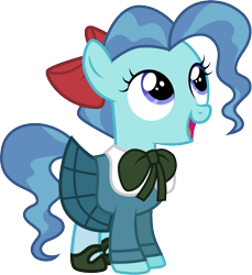 Size: 1001x1092 | Tagged: safe, artist:cloudyglow, character:petunia paleo, species:earth pony, species:pony, g4, bow, clothes swap, clothing, cosplay, costume, crossover, cute, disney, female, filly, foal, hair bow, hnnng, olivia flaversham, open mouth, petuniabetes, smiling, solo, standing, the great mouse detective