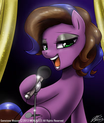 Size: 1200x1422 | Tagged: safe, artist:johnjoseco, oc, oc only, oc:gem, species:earth pony, species:pony, bedroom eyes, female, hoof hold, looking at you, mare, memj0123, microphone, singing, solo