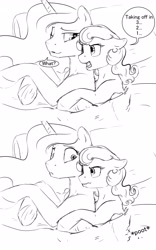 Size: 3296x5272 | Tagged: safe, artist:silfoe, character:princess celestia, oc, oc:skip tracer, species:pony, royal sketchbook, bed, canon x oc, cuddling, fart, fart noise, female, grayscale, lesbian, monochrome, onomatopoeia, sound effects, spooning