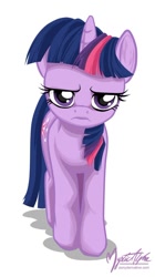 Size: 462x825 | Tagged: dead source, safe, artist:mysticalpha, character:twilight sparkle, character:twilight sparkle (unicorn), species:pony, species:unicorn, g4, angry, female, frown, looking at you, mare, simple background, solo, unamused, watermark, white background