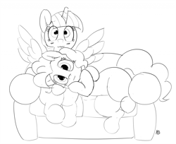 Size: 1280x1043 | Tagged: safe, artist:pabbley, character:pinkie pie, character:twilight sparkle, character:twilight sparkle (alicorn), species:alicorn, species:earth pony, species:pony, ship:twinkie, 30 minute art challenge, blushing, couch, cuddling, female, lesbian, monochrome, netflix and chill, pabbley is trying to murder us, shipping, spread wings, wavy mouth, wingboner, wings