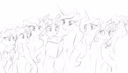 Size: 3500x2000 | Tagged: safe, artist:silfoe, character:princess cadance, character:princess celestia, character:princess flurry heart, character:princess luna, character:twilight sparkle, character:twilight sparkle (alicorn), oc, oc:eventide glisten, oc:twilight dapple, parent:princess luna, parent:twilight sparkle, parents:twiluna, species:alicorn, species:pony, black and white, grayscale, magic, magical lesbian spawn, monochrome, offspring, older, other royal book, simple background, sketch, telekinesis, white background