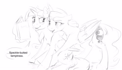 Size: 3500x2000 | Tagged: safe, artist:silfoe, character:princess luna, character:twilight sparkle, character:twilight sparkle (alicorn), species:alicorn, species:pony, ship:twiluna, black and white, book, dialogue, female, grayscale, lesbian, magic, monochrome, neck biting, other royal book, shipping, simple background, sketch, speech bubble, telekinesis, white background