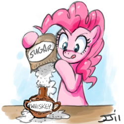 Size: 700x700 | Tagged: safe, artist:johnjoseco, character:pinkie pie, species:earth pony, species:pony, alcohol, bipedal, eyes on the prize, female, gradient background, mare, solo, sugar (food), tongue out, whiskey