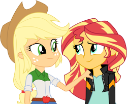 Size: 3656x3001 | Tagged: safe, artist:cloudyglow, character:applejack, character:sunset shimmer, equestria girls:friendship games, g4, my little pony: equestria girls, my little pony:equestria girls, .ai available, belt, clothing, comforting, cowboy hat, denim skirt, duo, female, freckles, hat, jacket, leather jacket, looking at each other, shirt, simple background, skirt, smiling, stetson, transparent background, vector