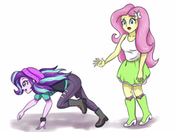 Size: 4724x3507 | Tagged: safe, artist:sumin6301, character:fluttershy, character:starlight glimmer, equestria girls:mirror magic, g4, my little pony: equestria girls, my little pony:equestria girls, spoiler:eqg specials, absurd resolution, all fours, beanie, clothing, hat, humans doing horse things, pants, running, simple background, white background