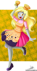Size: 1104x2110 | Tagged: safe, artist:the-butch-x, character:derpy hooves, my little pony:equestria girls, clothing, commission, dress, female, food, muffin, open mouth, raised leg, signature, solo