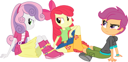 Size: 6163x3001 | Tagged: safe, artist:cloudyglow, character:apple bloom, character:scootaloo, character:sweetie belle, species:pegasus, species:pony, equestria girls:rainbow rocks, g4, my little pony: equestria girls, my little pony:equestria girls, .ai available, apple bloom's bow, belt, boots, bow, clothing, cutie mark crusaders, denim, hair bow, hoodie, looking back, pants, shirt, shoes, shorts, simple background, sitting, skirt, sweater, transparent background, trio, vector