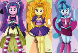 Size: 1935x1321 | Tagged: safe, artist:the-butch-x, character:adagio dazzle, character:aria blaze, character:sonata dusk, my little pony:equestria girls, adorabolical, adoragio, ariabetes, beautiful, beautiful x, clothing, compilation, cute, dress, hand on hip, pigtails, ponytail, sonatabetes, sunburst background, the dazzlings, twintails