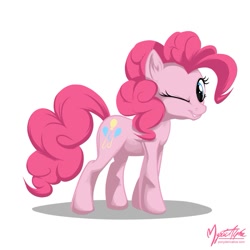 Size: 825x825 | Tagged: dead source, safe, artist:mysticalpha, character:pinkie pie, species:earth pony, species:pony, g4, female, mare, simple background, solo, wink