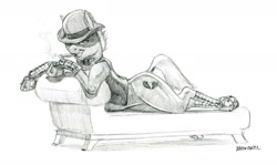 Size: 1500x895 | Tagged: safe, artist:baron engel, oc, oc only, oc:heartbreaker, species:earth pony, species:pony, bow tie, bowler hat, cigar, clothing, couch, female, hat, mare, monochrome, pencil drawing, prone, simple background, sketch, smoking, solo, traditional art, white background