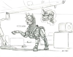 Size: 1500x1180 | Tagged: safe, artist:baron engel, oc, oc only, species:pony, species:unicorn, armor, commission, crossover, female, glowing horn, halo (series), helmet, magic, mare, monochrome, pencil drawing, pointing, sketch, solo, traditional art, vehicle