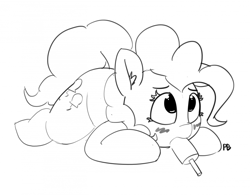 Size: 1280x1000 | Tagged: safe, artist:pabbley, character:pinkie pie, species:earth pony, species:pony, 30 minute art challenge, blushing, ear fluff, female, food, mare, monochrome, popsicle, prone, simple background, solo, suggestive eating, white background