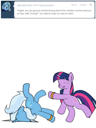 Size: 600x800 | Tagged: safe, artist:dekomaru, character:trixie, character:twilight sparkle, species:pony, ship:twixie, tumblr:ask twixie, ask, backbend, epic wife tossing, faceplant, fail, female, lesbian, shipping, tumblr