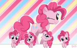 Size: 1680x1050 | Tagged: safe, artist:mysticalpha, character:pinkie pie, species:earth pony, species:pony, g4, abstract background, female, funny faces, mare, multeity, too much pink energy is dangerous, wallpaper, wink