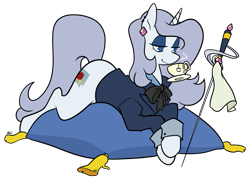 Size: 1101x787 | Tagged: safe, artist:egophiliac, oc, oc only, oc:platinum decree, species:pony, species:unicorn, cleaning, clothing, ear piercing, earring, elegant, female, food, jewelry, lying down, mare, piercing, pillow, rapier, ribbon, simple background, solo, suit, sword, tea, transparent background, weapon
