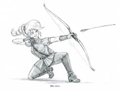 Size: 1400x1050 | Tagged: safe, artist:baron engel, character:applejack, equestria girls:friendship games, g4, my little pony: equestria girls, my little pony:equestria girls, alternate hairstyle, archery, arrow, bow (weapon), clothing, female, grayscale, monochrome, pencil drawing, simple background, sketch, smiling, solo, traditional art, white background
