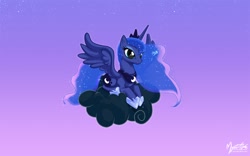 Size: 1680x1050 | Tagged: safe, artist:mysticalpha, character:princess luna, species:alicorn, species:pony, g4, cloud, cute, cutie mark, female, hooves, horn, lidded eyes, lying on a cloud, mare, on a cloud, prone, raincloud, sky, smiling, solo, spread wings, stormcloud, wallpaper, wings