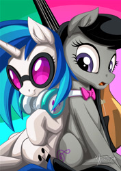 Size: 955x1351 | Tagged: safe, artist:mysticalpha, character:dj pon-3, character:octavia melody, character:vinyl scratch, species:earth pony, species:pony, species:unicorn, ship:scratchtavia, back to back, bow tie, cello, female, headphones, lesbian, mare, musical instrument, shipping, sitting, sunglasses