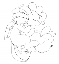 Size: 1280x1385 | Tagged: safe, artist:pabbley, character:pinkie pie, character:rainbow dash, species:pony, ship:pinkiedash, 30 minute art challenge, cuddling, cute, female, lesbian, monochrome, pabbley is trying to murder us, shipping, sketch, sleeping, spooning