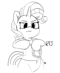 Size: 5042x6074 | Tagged: safe, artist:pabbley, character:rarity, species:pony, 30 minute art challenge, absurd resolution, belly button, bipedal, clothing, female, gold chains, monochrome, rapper, run the jewels, solo