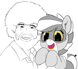 Size: 2934x2618 | Tagged: safe, artist:pabbley, oc, oc only, oc:bandy cyoot, species:human, 30 minute art challenge, bob ross, cute, open mouth, partial color, raccoon pony, simple background, smiling, white background