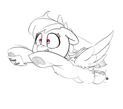 Size: 6333x5646 | Tagged: safe, artist:pabbley, character:rainbow dash, species:pegasus, species:pony, 30 minute art challenge, absurd resolution, female, flying, frog (hoof), hoofbutt, lineart, partial color, shrunken pupils, simple background, solo, that pony sure does love cider, underhoof, white background