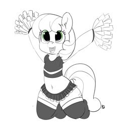 Size: 8499x8387 | Tagged: safe, artist:pabbley, character:cheerilee, species:earth pony, species:pony, absurd resolution, belly button, cheeribetes, cheerileeder, cheerleader, clothing, cute, female, kneeling, mare, midriff, open mouth, partial color, pom pom, short skirt, simple background, skirt, socks, solo, white background