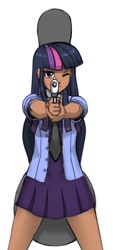 Size: 490x1080 | Tagged: safe, artist:anitony, artist:johnjoseco, edit, character:twilight sparkle, species:human, cello case, clothing, dark skin, equestria girls outfit, female, gun, humanized, moderate dark skin, one eye closed, skirt, solo, this will end in death, weapon