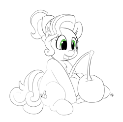 Size: 7651x7592 | Tagged: safe, artist:pabbley, character:cherry jubilee, species:earth pony, species:pony, 30 minute art challenge, absurd resolution, cherry, female, food, giant food, monochrome, open mouth, partial color, sitting, sketch, solo