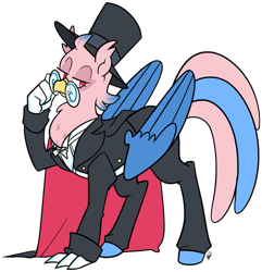 Size: 791x822 | Tagged: safe, artist:egophiliac, oc, oc only, oc:vivian iolani, species:classical hippogriff, species:hippogriff, bow tie, cape, clothing, commission, cosplay, costume, female, glasses, gloves, hat, jacket, pants, red eyes, sailor moon, simple background, solo, top hat, transparent background, tuxedo