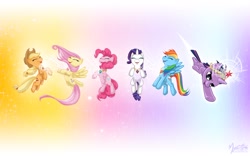 Size: 2520x1575 | Tagged: safe, artist:mysticalpha, character:applejack, character:fluttershy, character:pinkie pie, character:rainbow dash, character:rarity, character:twilight sparkle, character:twilight sparkle (unicorn), species:earth pony, species:pegasus, species:pony, species:unicorn, g4, abstract background, elements of harmony, female, mane six, mare, wallpaper