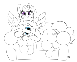 Size: 11498x9366 | Tagged: safe, artist:pabbley, character:pinkie pie, character:twilight sparkle, character:twilight sparkle (alicorn), species:alicorn, species:earth pony, species:pony, ship:twinkie, absurd resolution, blushing, couch, cuddling, female, lesbian, lying down, monochrome, neo noir, netflix and chill, on side, pabbley is trying to murder us, partial color, shipping, sitting, spread wings, wavy mouth, wingboner, wings