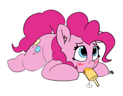 Size: 5878x4592 | Tagged: safe, artist:pabbley, character:pinkie pie, species:earth pony, species:pony, absurd resolution, blushing, drool, ear fluff, female, food, mare, popsicle, prone, simple background, solo, suggestive eating, white background