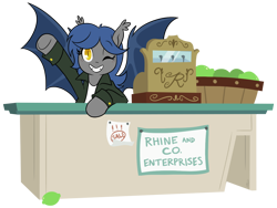 Size: 1250x939 | Tagged: safe, artist:egophiliac, oc, oc only, oc:racket rhine, species:bat pony, species:pony, cash register, clothing, counter, cute, female, fruit, happy, jacket, lime, mare, merchant, one eye closed, shop, simple background, smiling, solo, transparent background, waving, welcome, wink