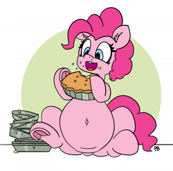 Size: 1280x1258 | Tagged: dead source, safe, artist:pabbley, character:pinkie pie, species:pony, 30 minute art challenge, belly button, eating, fat, female, food, mare, open mouth, pie, pudgy pie, sitting, solo, stuffed, stuffing, that pony sure does love pies, underhoof