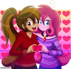 Size: 1560x1520 | Tagged: safe, artist:the-butch-x, oc, oc only, oc:contralto, oc:cupcake slash, my little pony:equestria girls, clothing, commission, disguised siren, female, heart, heart hands, hoodie, lesbian, looking at you, oc x oc, shipping, smiling, wubcake