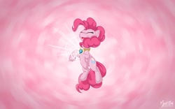 Size: 2520x1575 | Tagged: safe, artist:mysticalpha, character:pinkie pie, species:earth pony, species:pony, g4, abstract background, element of laughter, elements of harmony, eyes closed, female, happy, mare, solo, wallpaper