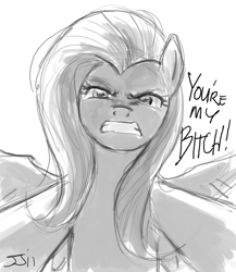 Size: 900x1038 | Tagged: safe, artist:johnjoseco, character:fluttershy, species:pegasus, species:pony, angry, female, flutterbitch, grayscale, looking at you, mare, monochrome, offscreen character, pov, solo, vulgar
