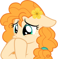 Size: 3001x3075 | Tagged: safe, artist:cloudyglow, character:pear butter, species:pony, episode:the perfect pear, g4, my little pony: friendship is magic, .ai available, female, floppy ears, flower, flower in hair, freckles, simple background, solo, transparent background, upset, vector