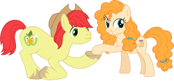 Size: 6431x3001 | Tagged: safe, artist:cloudyglow, character:bright mac, character:pear butter, species:earth pony, species:pony, ship:brightbutter, episode:the perfect pear, g4, my little pony: friendship is magic, .ai available, absurd resolution, applejack's parents, clothing, cowboy hat, female, hat, holding hooves, husband and wife, male, mare, shipping, simple background, smiling, stallion, stetson, straight, transparent background, vector