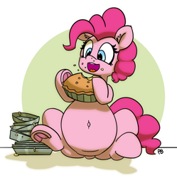 Size: 6064x6084 | Tagged: safe, artist:pabbley, character:pinkie pie, species:pony, absurd resolution, belly button, cute, diapinkes, ear fluff, eating, fat, female, food, frog (hoof), mare, open mouth, pie, pudgy pie, sitting, solo, stuffed, stuffing, underhoof