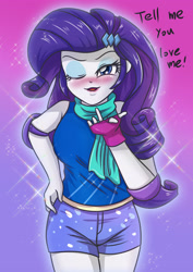 Size: 2894x4093 | Tagged: safe, artist:sumin6301, character:rarity, my little pony:equestria girls, absurd resolution, blowing a kiss, clothing, dialogue, elbow pads, female, fingerless gloves, gloves, looking at you, one eye closed, open mouth, scarf, shorts, solo, sparkling, wink