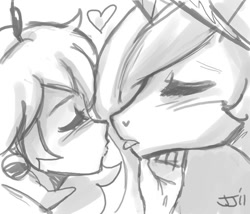 Size: 700x600 | Tagged: safe, artist:johnjoseco, character:princess celestia, species:alicorn, species:human, species:pony, blushing, crossover, crossover shipping, eyes closed, female, grayscale, heart, human female, human on pony action, imminent kissing, kissing, lesbian, mare, mare on human female, monochrome, princess peach, shipping, super mario bros.