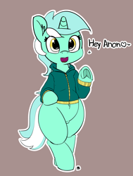Size: 3786x5000 | Tagged: safe, artist:pabbley, character:lyra heartstrings, species:pony, species:unicorn, 30 minute art challenge, absurd resolution, belly button, bipedal, brown background, clothing, cute, ear fluff, female, frog (hoof), heart, hoofbutt, jacket, looking at you, lyrabetes, mare, semi-anthro, simple background, solo, speech, underhoof, waving