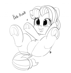 Size: 1280x1308 | Tagged: safe, artist:pabbley, character:coconut cream, species:earth pony, species:pony, episode:fame and misfortune, g4, my little pony: friendship is magic, 30 minute art challenge, belly button, bellyrubs, cute, dock, female, filly, frog (hoof), hoofbutt, lineart, monochrome, on back, open mouth, pabbley is trying to murder us, solo, speech, underhoof